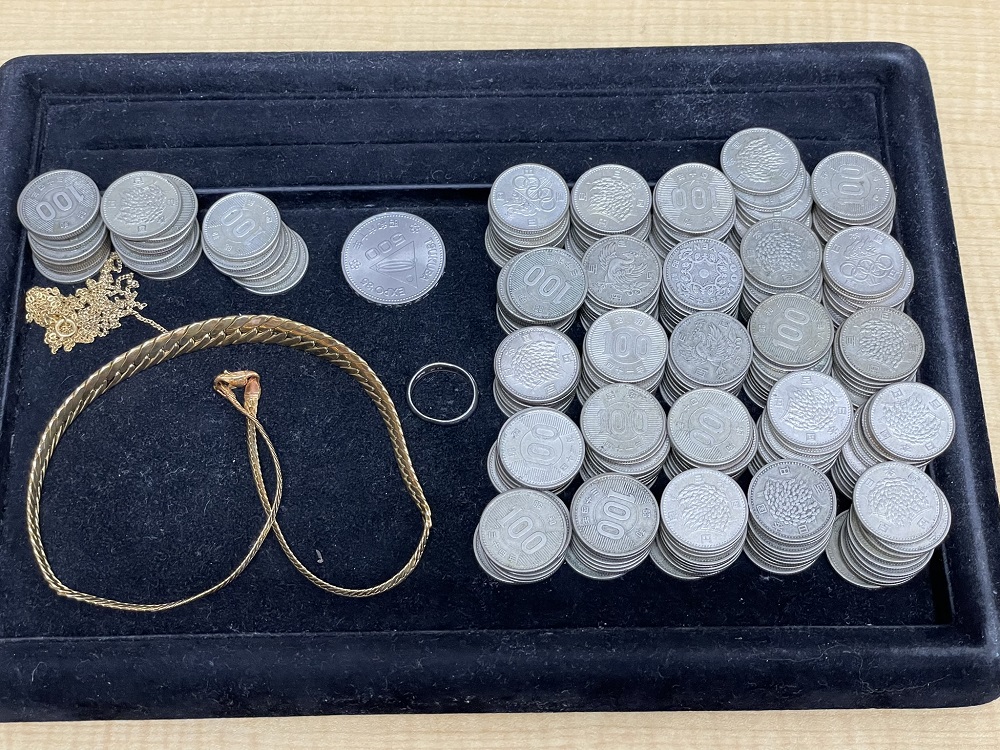 K18ネックレス、リング、稲穂鳳凰旧100円硬貨