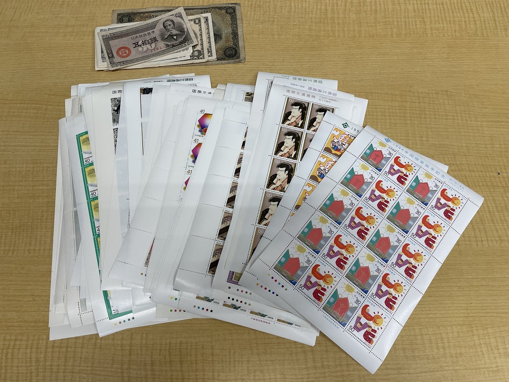 記念切手高額面シート、古紙幣