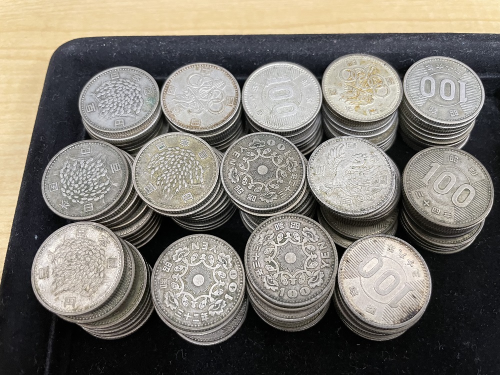 稲穂、鳳凰旧100円硬貨、東京五輪100円記念硬貨